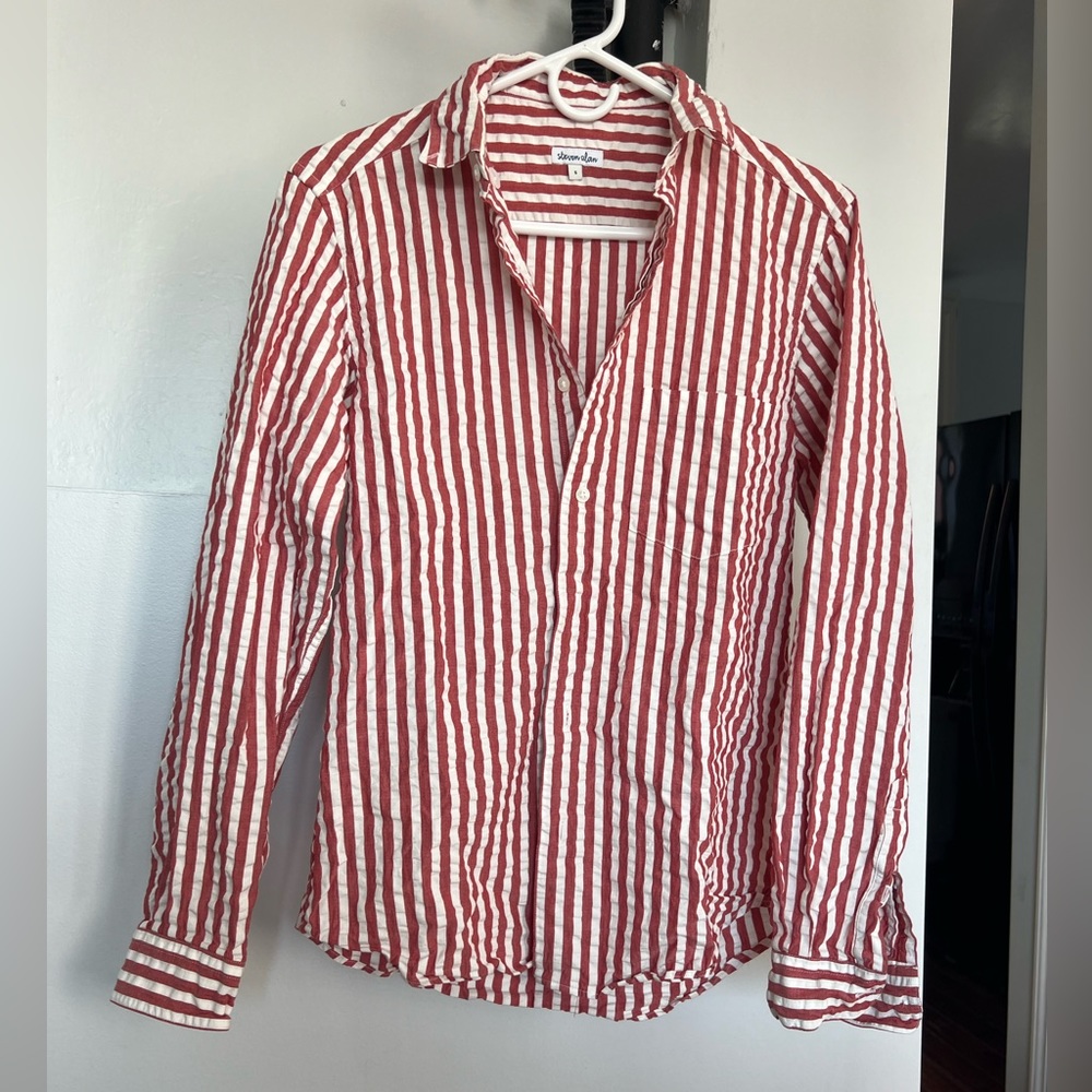 Seersucker red striped button down by Steve Allen for Claire V.